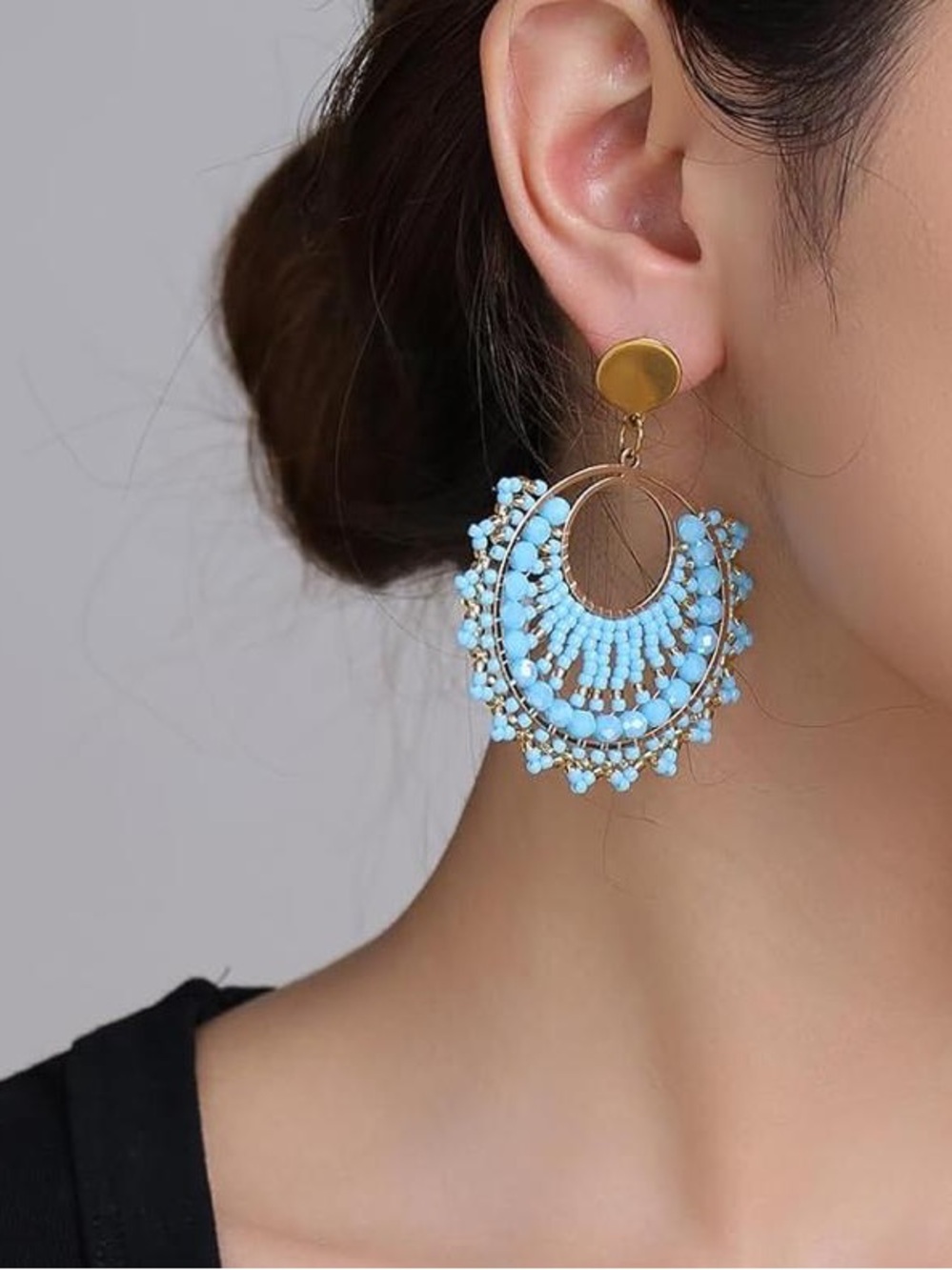 Anthropologie Gold and Turquoise Beaded Hoop Drop Earrings - Picture 3 of 3